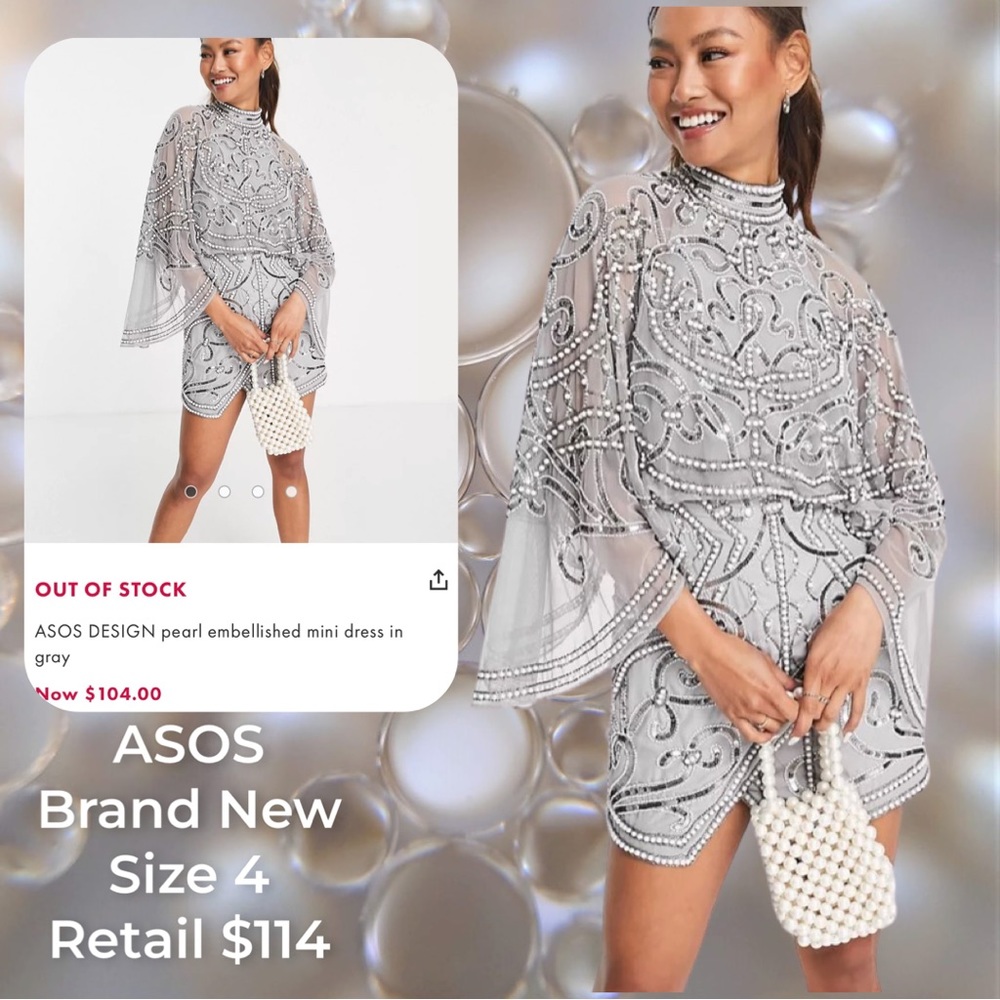 ASOS DESIGN pearl embellished mini dress in gray